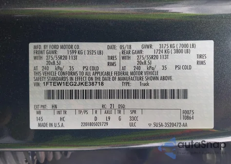 2018 Ford F-150 Lariat из США, поврежденный, VIN 1FTEW1EG2JKE38718